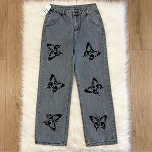 NEW Butterfly Print High‎ Rise Blue Gray Jeans Size Large